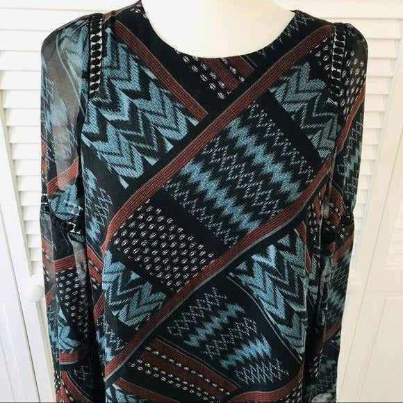 BCBGENERATION Aztec Print Sheer long Sleeve Top Size XS