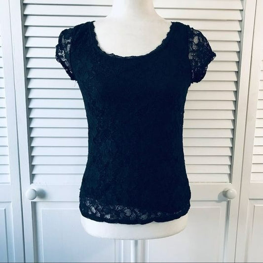 ELLE Black Lace Short Sleeve Shirt Size XS