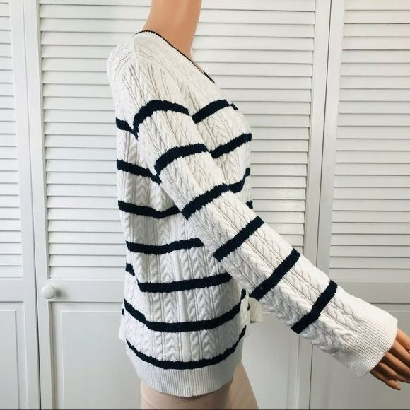 DRAPER JAMES White Navy Blue Sailor Nautical Cable Knit Sweater Size L