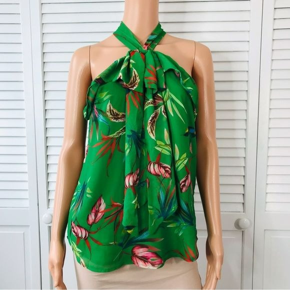 *NEW* NEW YORK & COMPANY Green Floral Halter Top Sleeveless Blouse