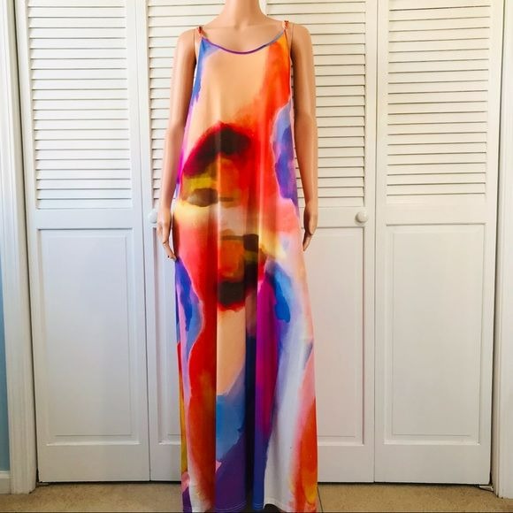 BEYOND THIS PLANE Multicolor Spotted Tie Dye Spaghetti Strap Maxi Dress Size 2XL (new with tags)