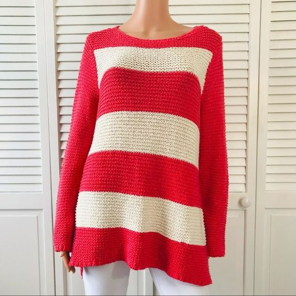 CHICO’S Coral Ivory Striped Sparkly Scoop Neck Sweater Size L