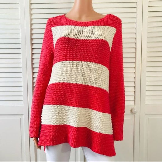 CHICO’S Coral Ivory Striped Sparkly Scoop Neck Sweater Size L