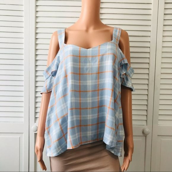 SANCTUARY Blue Orange Plaid Off The Shoulder Shirt Size L