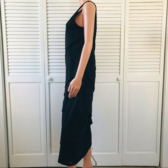 NEON BUDDHA Black V-Neck Sleeveless Tiered Pleated Midi Dress Size L