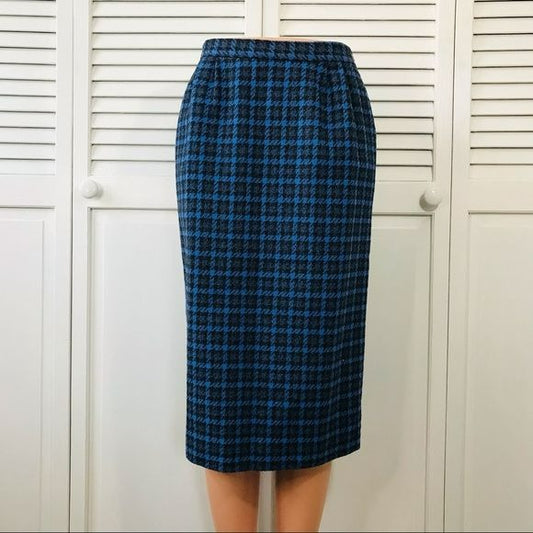 PENDLETON Blue Black Plaid Wool Pencil Skirt Size 8