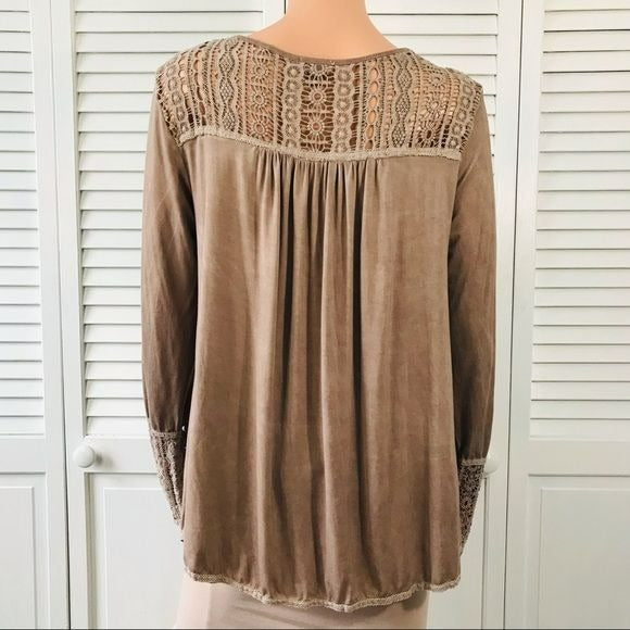 POL Brown Lace Detail Long Sleeve Top Size M