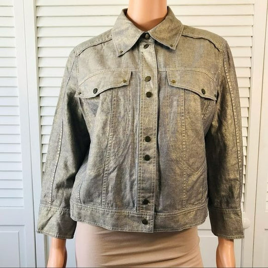 ETCETERA Blue Gold Metallic Lightweight Denim Jacket Size 12