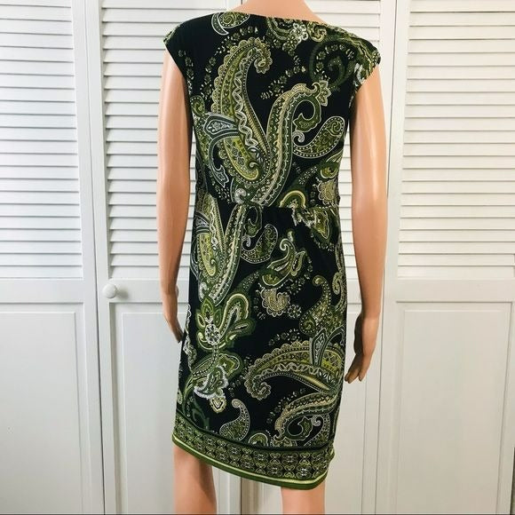 EVAN PICONE Black Green Paisley Sleeveless Dress Size 8