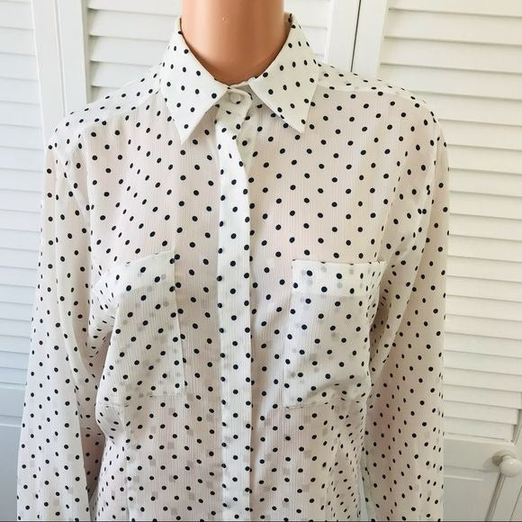 JH COLLECTIBLES White Black Sheer Polka Dot Button Down Blouse Size 8