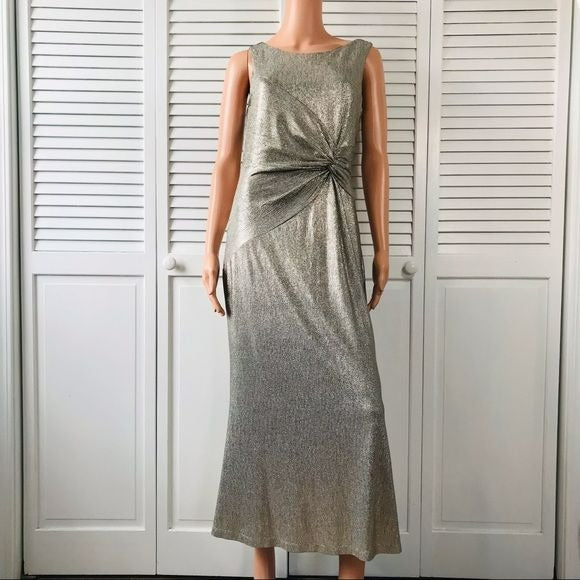 CALVIN KLEIN Metallic Gold Long Evening Dress With Ruched Knot Size 8