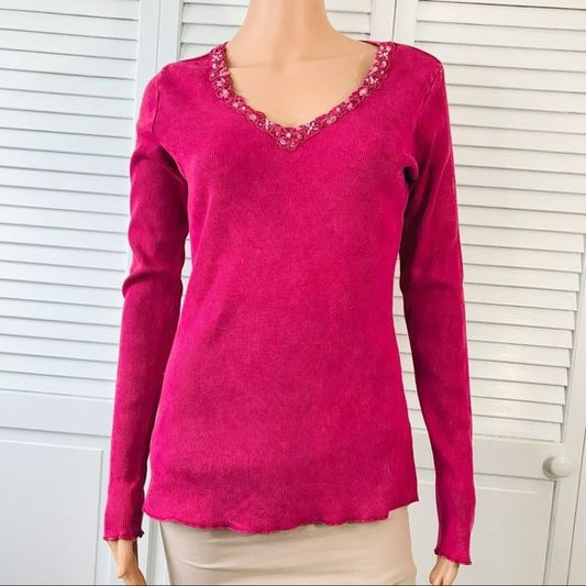 XCIT U.S.A. Dark Pink Embellished V-Neck Long Sleeve Shirt