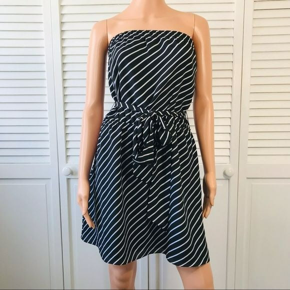 EXPRESS Black White Striped Strapless Belted Dress Size L
