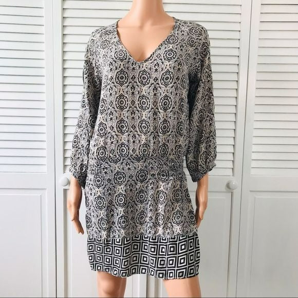 TOLANI Geometric Print V-Neck Silk Long Sleeve Mini Dress Size S