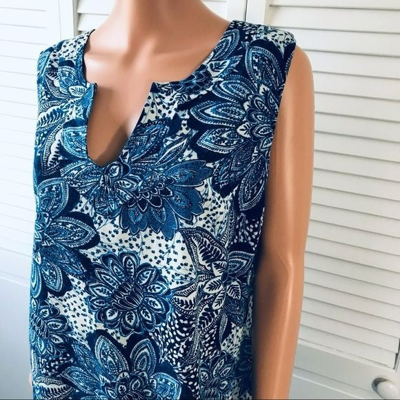 LONDON TIMES Blue White Floral Sleeveless V-Neck Dress Size 16