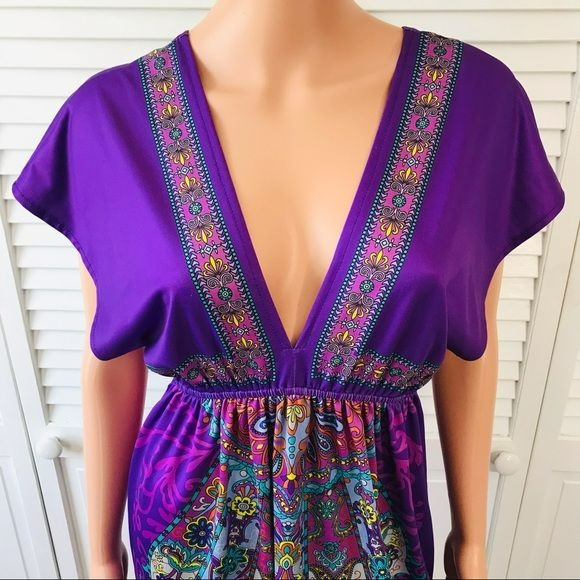 FLYING TOMATO Purple Deep V-Neck Short Sleeve Dress Size L