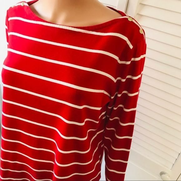 LANDS’ END Red White Striped Cotton Shirt Size L