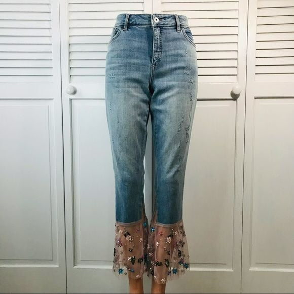 PILCRO AND THE LETTERPRESS BY Anthropologie Blue Tulle Trim Flared Jeans Size 28