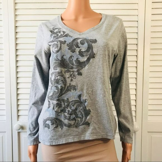 HANES Gray Silver Embellished Long Sleeve V-Neck Top Size M