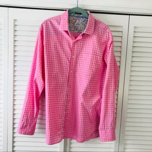 BUGATCHI Pink Classic Fit Cotton Gingham Button Down Shirt Size L