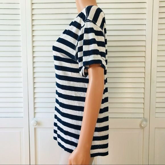 THEORY Striped Linen Short Sleeve Shirt Size M