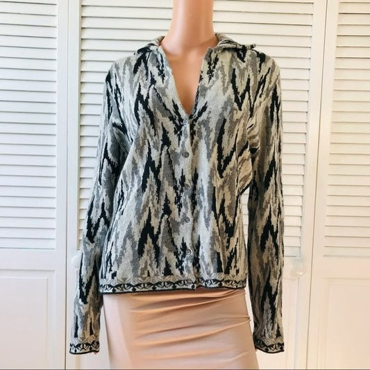 NEIMAN MARCUS Black Gray Cashmere Button Up Cardigan Sweater Size L