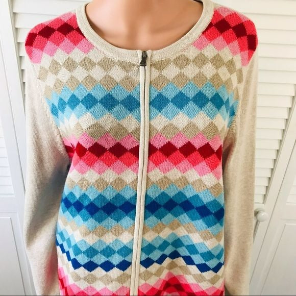 TALBOTS Ivory Scoop Neck Zip Cardigan Sweater Size XL