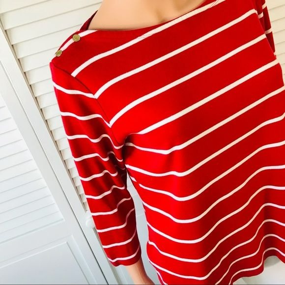 LANDS’ END Red White Striped Cotton Shirt Size L