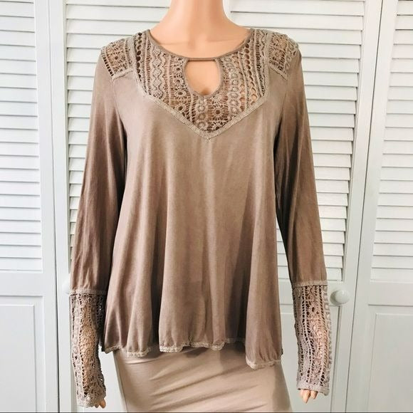 POL Brown Lace Detail Long Sleeve Top Size M