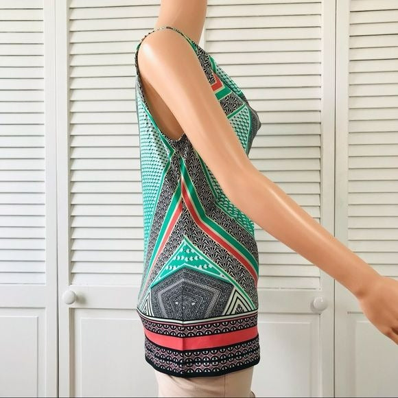 CALVIN KLEIN Green Multicolor Geometric Sleeveless Shirt Size XS