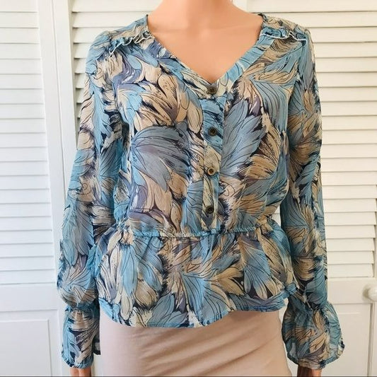 EN/KAY BY NAVLEEN Blue Sheer V-Neck Blouse Size S