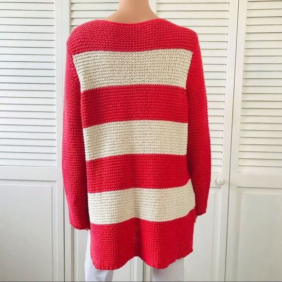 CHICO’S Coral Ivory Striped Sparkly Scoop Neck Sweater Size L