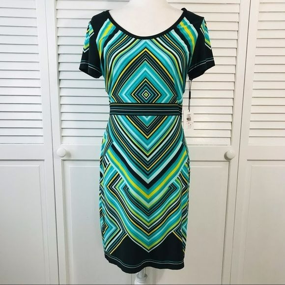 *NEW* CALVIN KLEIN Green Jersey Diamond Pattern Fitted Sheath Dress Size 10