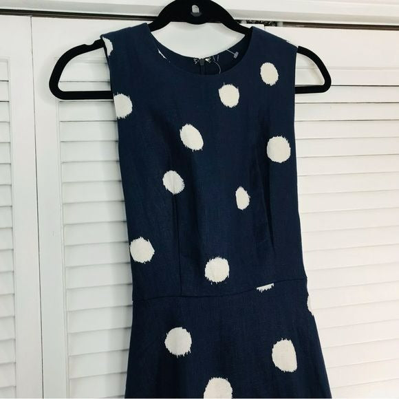 SOODEE Navy Linen Polka Dots Waist Wrap Around Dress Size M