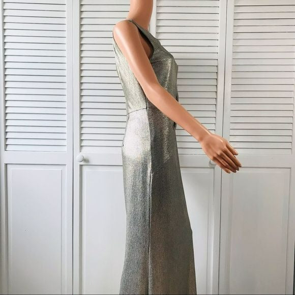 CALVIN KLEIN Metallic Gold Long Evening Dress With Ruched Knot Size 8