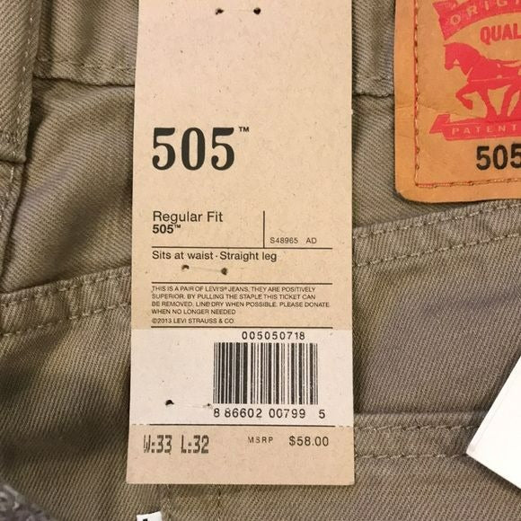 LEVI’S Tan 505 Regular Fit Jeans Size 33x32 (new with tags)