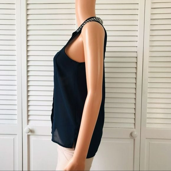 KATIE K Navy Blue Sheer Sleeveless Button Down Shirt Size XS