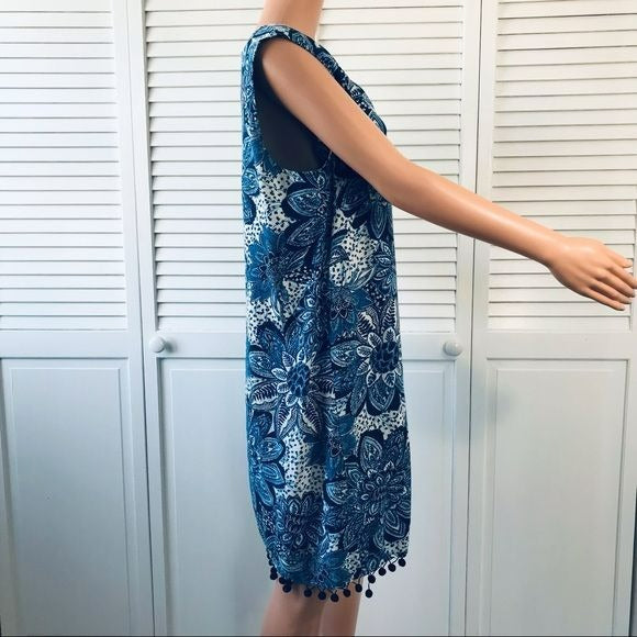 LONDON TIMES Blue White Floral Sleeveless V-Neck Dress Size 16