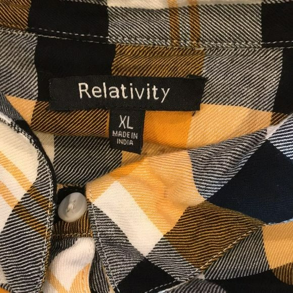 RELATIVITY Yellow Black Plaid Button Down Shirt Size XL