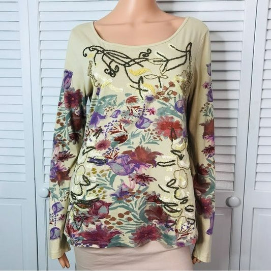 SUNDANCE Cream Long Sleeve Floral Sequin Embroidered Tee Size S