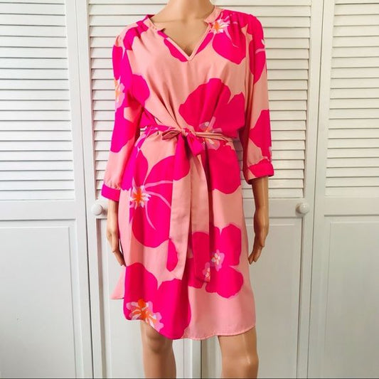 BRITT Pink Floral Long Sleeve V-Neck Dress Size M