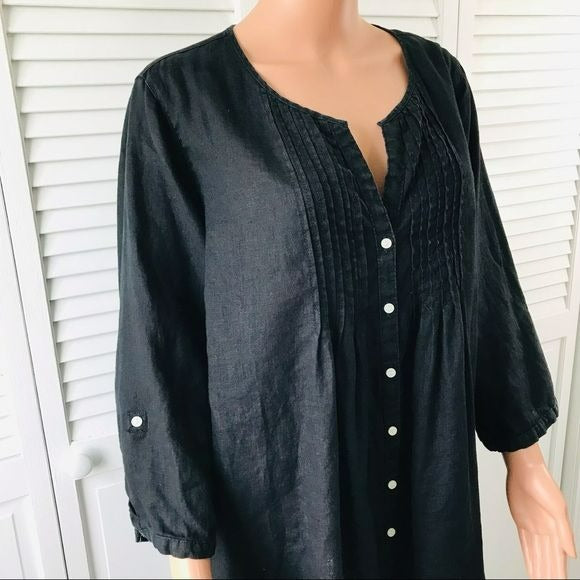 M&S COLLECTION Black Linen Button Down V-Neck Shirt Size 20