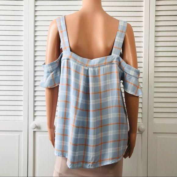 SANCTUARY Blue Orange Plaid Off The Shoulder Shirt Size L