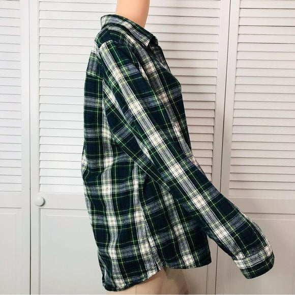 L.L. BEAN Relaxed Fit Plaid Flannel Green Button Down Shirt Size 1X