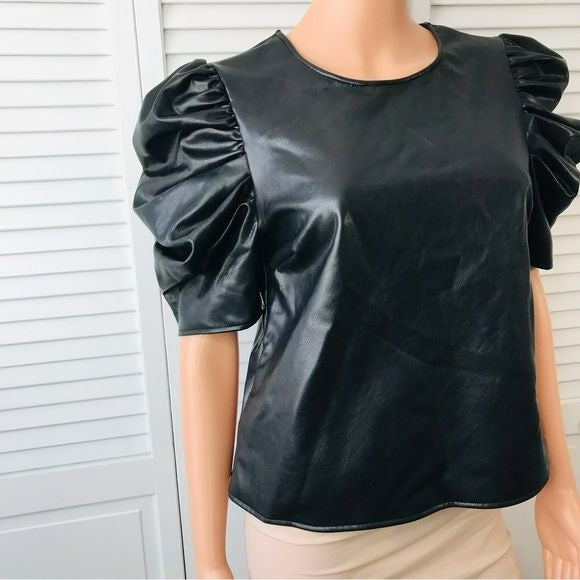 CINQ A SEPT Faux Leather Puff Sleeve Top Size S *NWT*