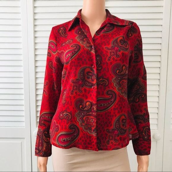 JENNIFER LLOYD Red Paisley Collared Button Down Shirt Size S