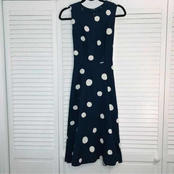 SOODEE Navy Linen Polka Dots Waist Wrap Around Dress Size M