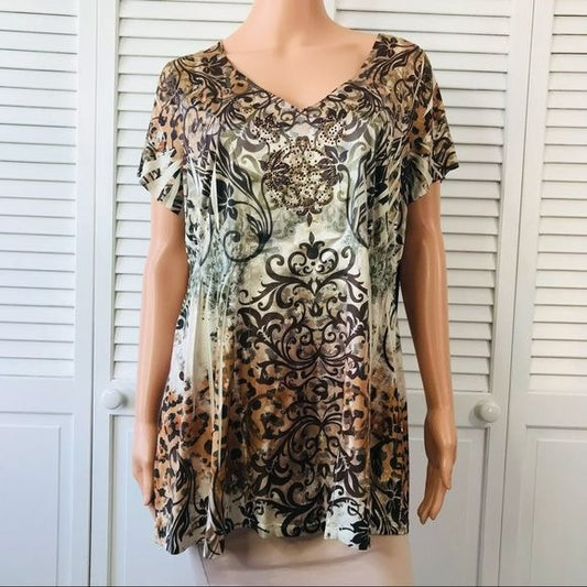 APT. 9 Brown Floral V-Neck Short Sleeve Blouse Size 1X (new with tags)