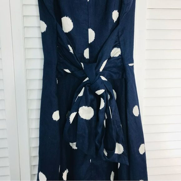 SOODEE Navy Linen Polka Dots Waist Wrap Around Dress Size M