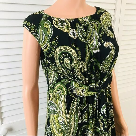 EVAN PICONE Black Green Paisley Sleeveless Dress Size 8